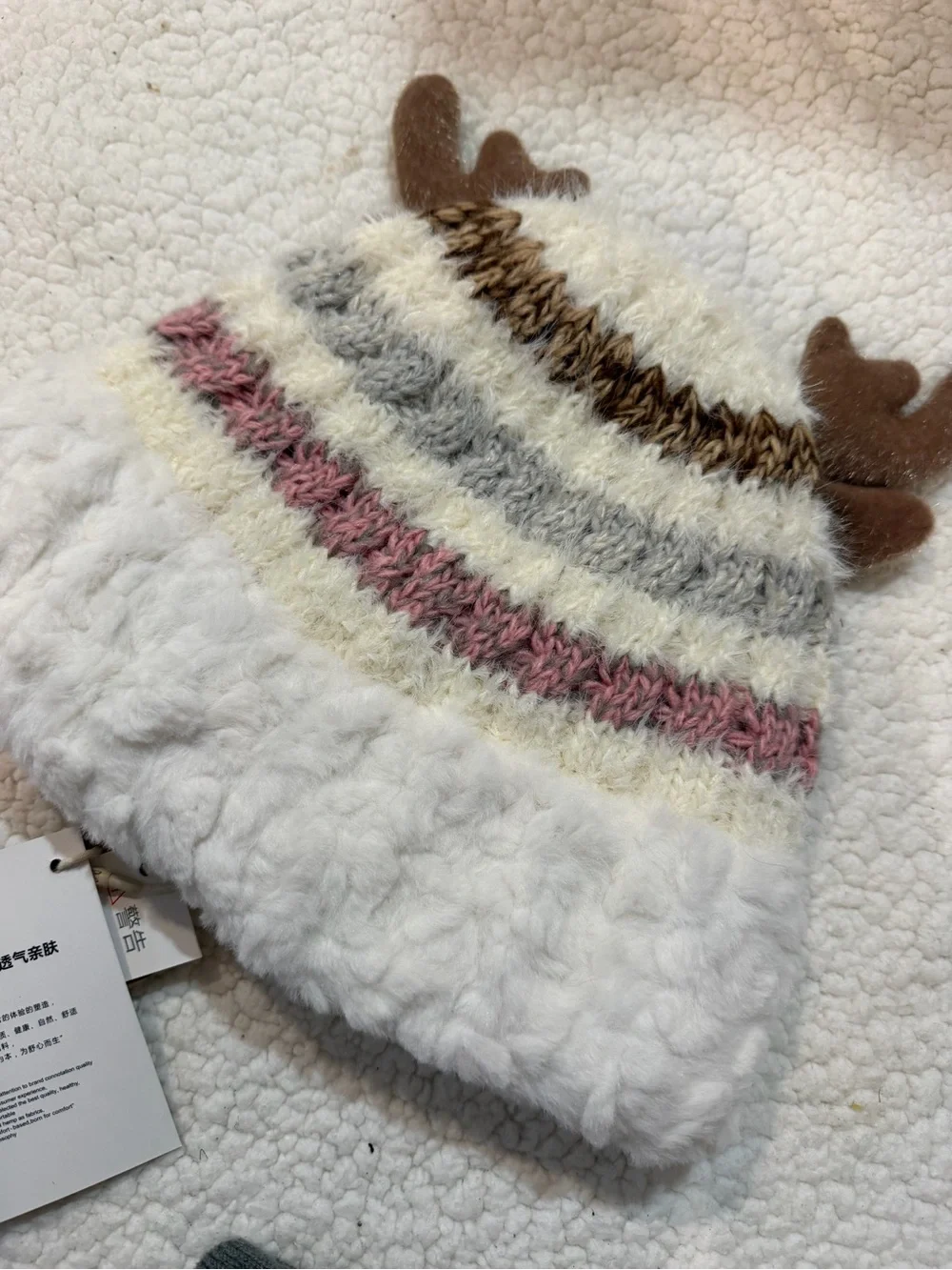 Girls Plush Reindeer Beanie with Knit Gloves - White, Brown & Pink size 68